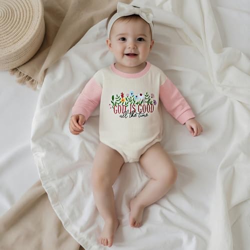 Baby Girl Christian Clothes God is Good Flower Embroidery Bubble Romper Waffle Long Sleeve Bodysuit Fall Outfits3