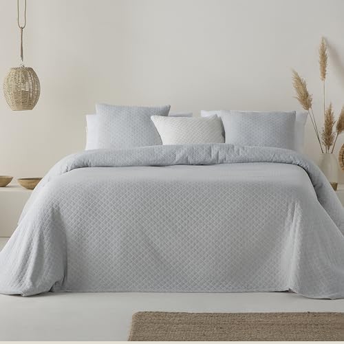 GAMUSI Colcha Cama 150 cm Ligera Entretiempo Primavera Verano Lisa Jacquard algodón Transpirable, 250x270 cm, Color Gris Claro
