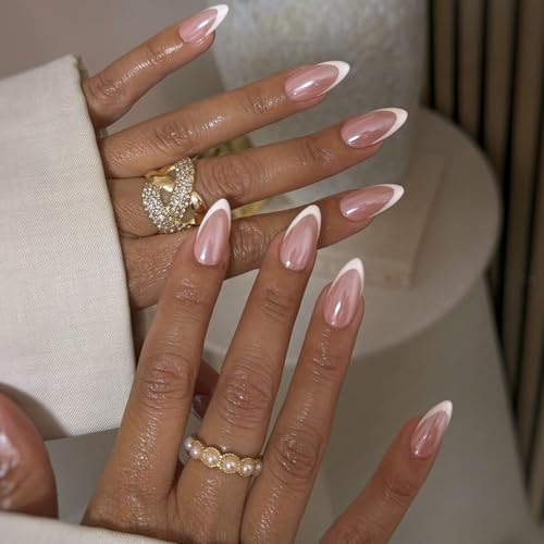 Chrome White French Tip Press On Nails Short Almond, Medium Fake ...