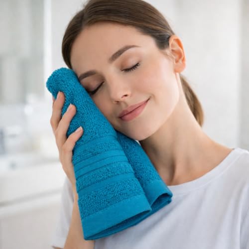 Image of Cotton Face Towel Pack of 4, 100% Cotton Towels, Soft Absorbent Small Gym Towel for Face, 400 GSM Quick Dry Bathroom & Travel Towels Men & Women, 30 x 30 cm, Navy Teal