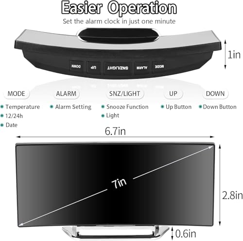 Image of Reacher Curved Mirror Digital Alarm Clock, 7 Inch LED Mirror Screen Alarm Clock on Bed, Snooze Mode, 2 Brightnesses, Alarm Clock for Bedroom, Kitchen, Office, USB Charging and Battery Power
