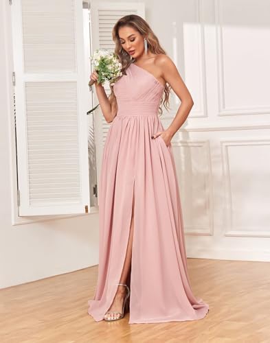 One Shoulder Chiffon Bridesmaid Dresses for Women with Pockets Long Ruched Formal Evening Dress with Slit3