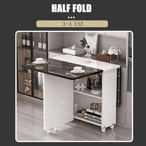 Foldable Extendable Dining Table with Storage Rack 2 Drawers Movable Wood Marble Table Space Saving for Indoor Outdoor Kitchen Living Room