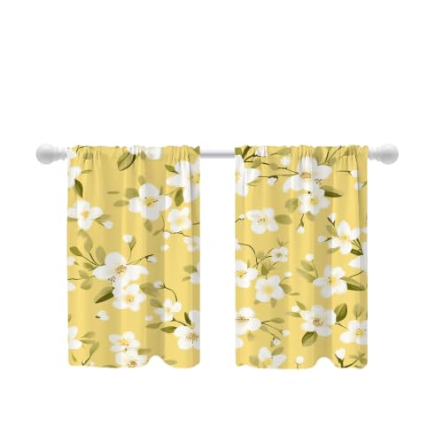 Shrahala White Flowers Yellow Background Blackout Curtain Tiers, Floral Kitchen Valance Light Blocking Tier Drapes with Rod Pocket, 2 Pack 26 X 36 in