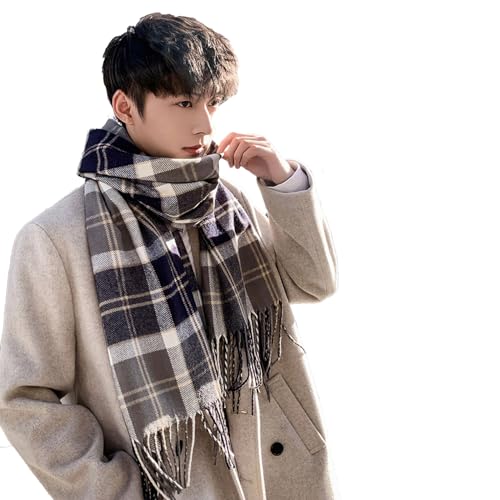 [Harebi] 【 60*200CM】マフラー メンズ チェック柄 大判 マフラー ストール 春秋冬定番 リバーシブル レディース メンズ 防寒 ショール 男性用 洗える 厚手 無地 ひざ掛け 肌触り良い防寒 暖かい ブロックチェック 男女兼用 ビジネス マフラー 誕生日クリスマス プレゼント（ネイビー）