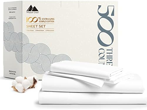 500 Thread Count 100% Cotton Sheet White Queen Sheets Set, 4-Piece Long-Staple Combed Pure Cotton Best Sheets for Bed, Breathable, Soft & Silky Sateen Weave Fits Mattress Upto 16'' Deep Pocket