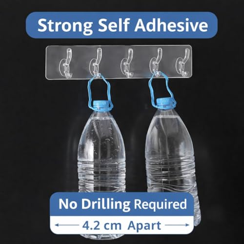 Image of Self Adhesive Hooks for Wall Heavy Duty - 10kg Load Capacity Waterproof Transparent Wall Hooks for Hanging - No Drilling Nail (ProHold Hoo (6 Hook Strip Pack 2)