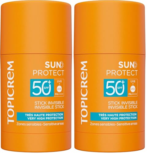 Topicrem - Sun Protect, Stick Invisible SPF50+ - Stick Solaire Visage Très Haute Protection, Hydrate 8h - Soin Peaux Sensibles, Exposées au Soleil - Sans Parfum - 15 g (Lot de 2)