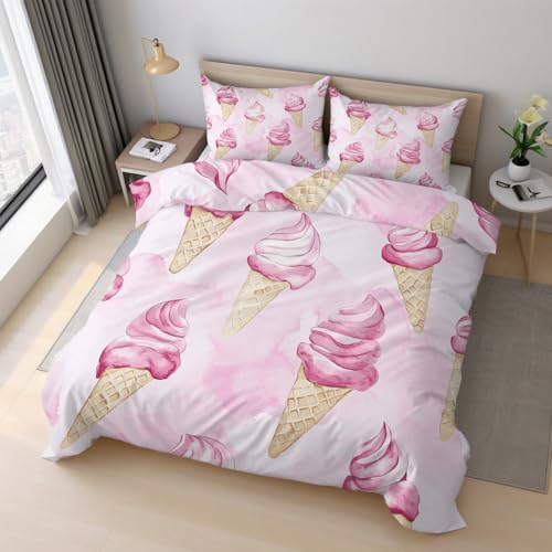 Image of Pink Ice Cream Single Duvet Cover Set, Watercolor Popsicle Bedding Set 135x200cm, Microfiber Soft Reversible Quilt Cover + 1 Pillowcase, Zipper Closure, Bedroom Decor PZ&S-10