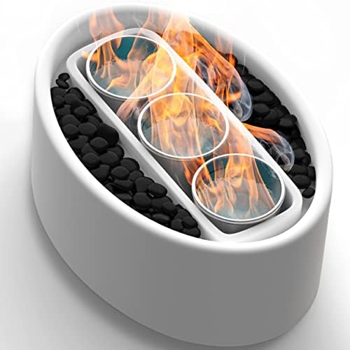 Vizayo Tabletop Fire Pit for Patio - 14.2 x 10.2 inch Indoor Outdoor Table Top Firepit Bowl - Use Gel Fuel Cans, Bioethanol or Isopropyl Alcohol - Tabletop Fireplace for Balcony, Patio Decor - White
