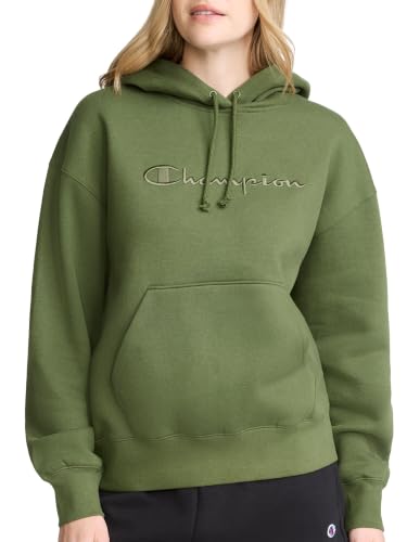 Image of Champion Women's Pullover Fleece Hoodie, Loose Fit, Midweight, Script Logo, Available in Regular and Plus, Chive, Medium