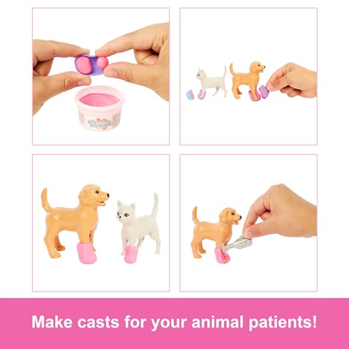 Barbie - Clinica Veterinaria di Pronto Soccorso, set con bambola dai capelli rosa, arredamento, pasta modellabile e 10 accessori a tema inclusi, giocattolo per bambini, 4+ anni, JFX93