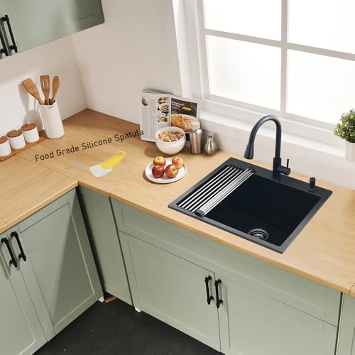 BoomHoze 25x22 Drop In Kitchen Sink, Matte Black Granite Composite Quartz Drop In Sink Single Bowl Outdoor Kitchen Sink 25-inch Utility Drop-In/Topmount with Small Rubber Squeegee by BoomHoze - Image 4