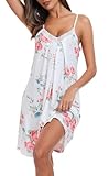 Lovasy Nachthemd Damen Sexy Spaghettiträger Sommer Unterkleid Babydoll Negligee Spitze Träger Nachthemden Full Slip Frauen Nachtkleid,Weiße Blumen,L