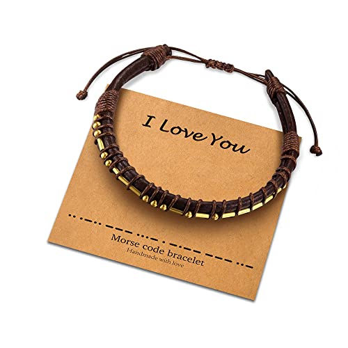 Vrsilver Morse Code Bracelets for Men, 18K Solid Gold Over Beads on Brown Leather Bracelets for Men Inspirational Gifts for Mens Jewelry Unique Birthday Fathers Day Valentine's Day Gifts for Him, 7