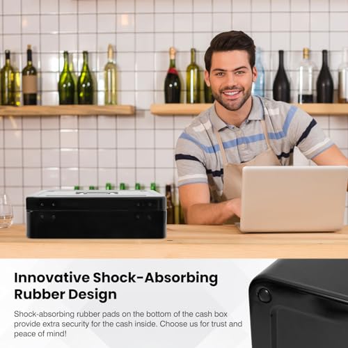 Polspag Cash Box with Lock and 2 Keys, Metal Money Box with Cash Tray,Large Locking Cash Boxes with Lock, Deluxe Lock Safe Box, Portable Cash Box with Adjustable Coin Box & Anti Slip Bottom Black - Thumbnail 6