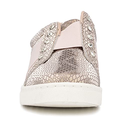 Olivia Miller Kid's Girl Fashion Shoes, Blush Pink Crocodile Print W Rhinestones Rubber Sole Slip On Elastic Closure Round Toe Casual Classic Comfortable Low Top Flat Sneakers #TOP3