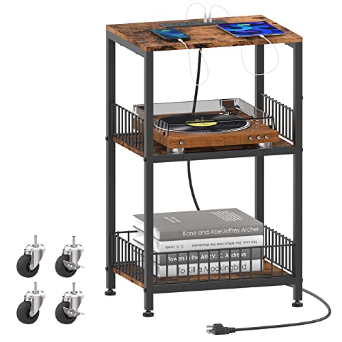 Nightstand With Charging Station, 3-Tier Side Table With Usb Ports And Outlets, Modern End Table With Open Storage Metal Basket Lockable Wheels For Small Spaces, Living Room, Bedroom, Rustic Brown #TOP15