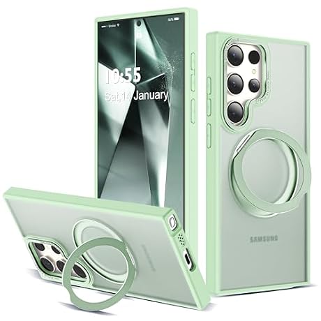 Zalinbo Compatible with Samsung Galaxy S22 & S23 Ultra Case with 360Rotatable Magnetic Ring Stand Compatible with Mag-Safe Military Protection Shockproof Translucent Phone Case,Green