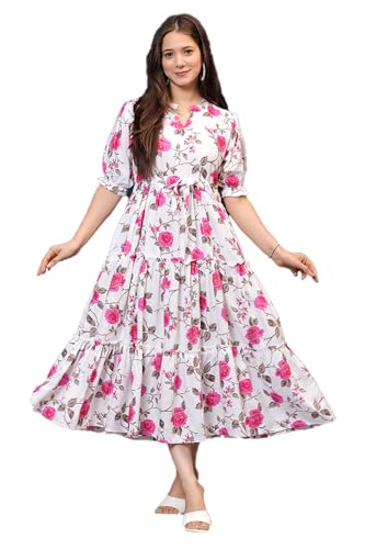 Image of Monique Brand Women's /Girls Cotton Kurta for Women Floral Printed Regular Fit Anarkali Kurta ||Floral Flared Western Dress