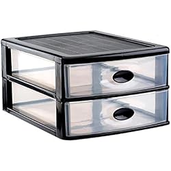 AC - Cajonera de sobremesa ´´Loira´´, plástico, 2 cajones transparentes, torre almacenaje multiusos, oficina, baño (Negro, 18 x 27 x 35,5 cm)