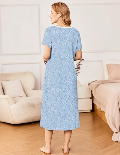 Image of Ekouaer Long Nightgowns for Women Short Sleeve House Dress with Pockets | Soft Vintage Victorian Sleepdress Moo Moo Nightgown Pleated Front Button Sleepwear Mumu Dress Loungwear Lace Nightdress