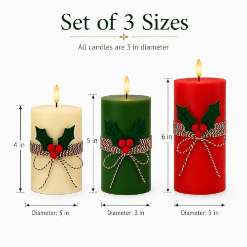 Image of Real Wax Flameless Candles 4 inch 5 inch 6 inch Set of 3 Indoor Outdoor Pillars Battery Operated Flickering Candles 3D Wick with Remote and Timer for Christmas Advent