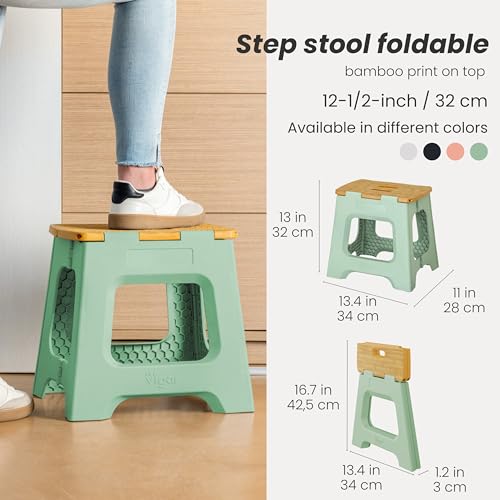 Image of Vigar Compact Folding Step Stool, 12-1 /2 in, Green Bamboo Print | 12-1 /2 in Foldable Stool, Lightweight Portable Design, Handle, Non Slip Surface, Space-Saving, Supports up to 330 lb