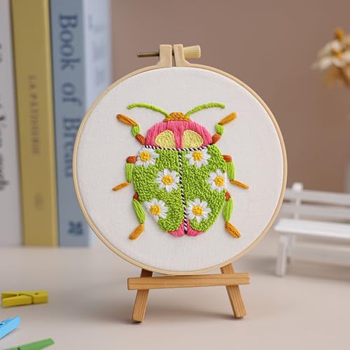 Image of Louise Maelys 3 Sets Beetle Embroidery Kits for Beginners,Cross Stitch Kit for Adults,DIY Needlepoint for Starters Including Flowers Pattern, Hoop,Instruction and Threads