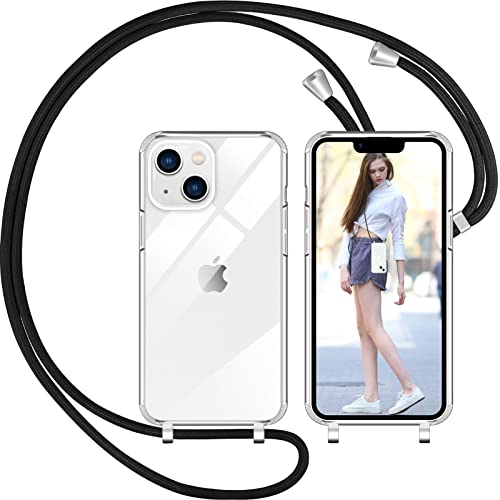 Nupcknn Funda Transparente con Cuerda para iPhone 14, Carcasa Suave Silicona Case con Correa Colgante Ajustable Collar Correa de Cuello Cadena Cordón 1.5M(6.1',Negro)