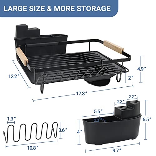 Dish Drying Rack Extra Large Black 4 Piece Dish Rack Sink Set With Removable Drainboard & Utensil Holder Knife Holder 5 Cup Holder Attachments, Kitchen Draining Dish Drying Rack With Wooden Handle #TOP6