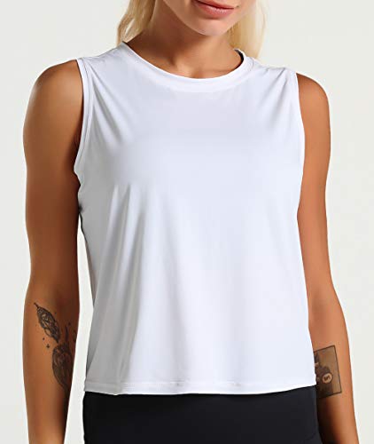 Dragon Fit Women Sleeveless Yoga Tops Workout Cool T-Shirt Running Short Tank Crop Tops (White, Small) #TOP3