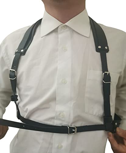 Image of Men's Black Leather Body Chain Chest Harness Belt Shoulder Straps Adjustable Buckle Straps Costume Party Carnival