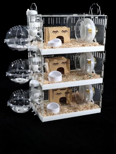 Catonlifer 3段式透明ハムスターケージ 脱出防止設計 アクリル製 トレー掃除付き 小動物用アクセサリセット(3層Mサイズ(30×20×45))