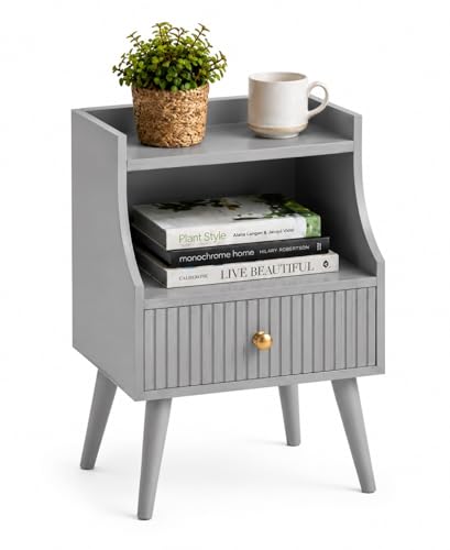 Image of ETIQUETTE ART Modern Fluted Nightstand with Drawer and Open Storage Shelf, Bedside Table with Round Edge, Boho Night Stand with Solid Wood Legs & Knob Handle End Table for Bedroom (Grey)