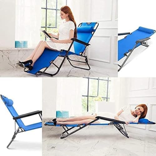 Image of Lounge Chair Full Flat Cot 2 in 1 Zero Gravity Chair Portable Foldable Recliner for Headrest Resting Adjustable Pillow Camping Chair Pool Side Beach Lawn Chair with Pillow (Blue)