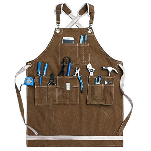Jeanerlor Washed Shop Apron 12oz Water-Resistant Work Aprons for Men Heavy Duty Waxed Canvas Tool Apron with Pockets Thick shoulder pad, Cross-Back Straps Adjustable L to XXXL (Coffee)