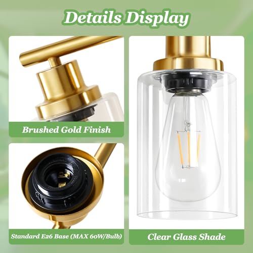 Image of 4-Light Gold Bathroom Light Fixtures, E26 Modern Vanity Lights for Bathroom with Clear Glass Shade, Wall Lamps for Mirror Hallway Kitchen Cabinet Living Room Sconces Lights