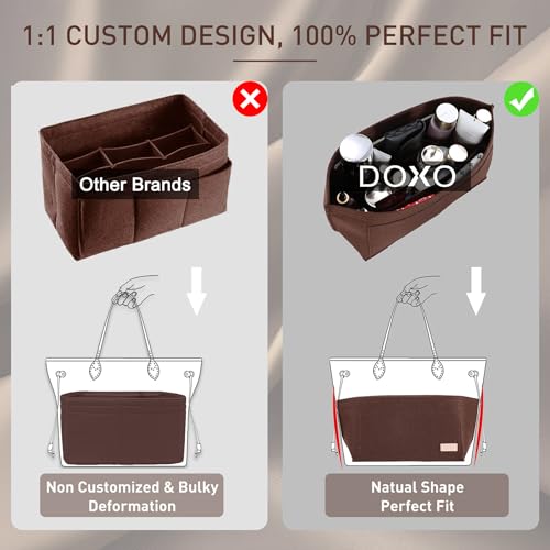 Image of Doxo Purse Organizer Insert for Handbags & Base Shaper 2pc Set, Felt Neverfull PM Organizer Insert, Tote Bag Organizer with Zipper Pocket and Bottle Holder, Fit Neverfull PM and More, Brown-M