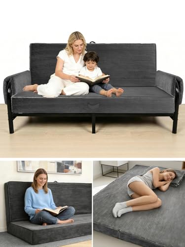 laapee 6 Thick Futon Mattress Full Size High Support Whole Foam Filling Foldable Futon Sofa Couch Bed Mattress with Removable Cover 2 Soft Armrest Pad Corduroy Fabric (Frame Not Included)
