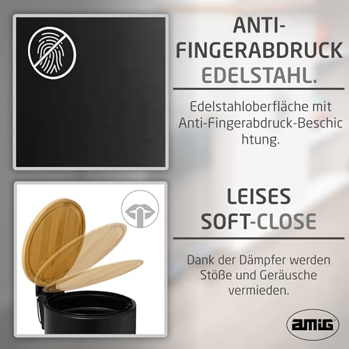 Amig – Kosmetikeimer mit Pedal 3L Naturline – Schwarz und Bambus – Hygienische Öffnung – Ø16,8 x 23 cm – Lackierter Edelstahl – Runder Badeimer mit Deckel