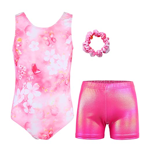 Image of MODAFANS Leotards for Girls Gymnastics with Shorts Dance unitards Tumbling Biketards with Hair Scrunchie for3-13T