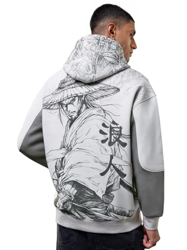Image of The Souled Store Ronin Men and Boys Full Sleeves Hooded Neck Grey Graphic Printed Cotton Blend Drop Shoulder Streetwear Trendy Premium Fleece Print Oversized Hoodie