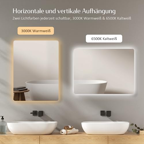 EMKE Badspiegel mit Beleuchtung 50x60cm, 2 Lichtfarbe Warmweiß/Kaltweiß – Ansicht 8