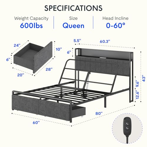 FLEXISPOT Queen Adjustable Bed with Storage Headboard, Charging Station, Head Incline, LED Lighting, Storage Drawers, Quiet Powerful DC Motor, and Easy Assembly - Thumbnail 2