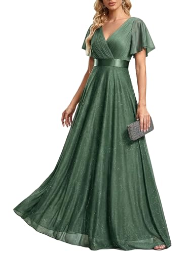 Image of Ever-Pretty Women's Summer Glitter Formal Dresses Evening Gown V Neck Short Sleeves Floor Length Mother of Bride Dress 50159