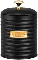 Porta Café de Metal c/Tampa Friso Preto Premium 16 x 10 x 10cm 1lt. c/Puxador Dourado Pote Redondo Porta Mantimentos Moderno e Elegante