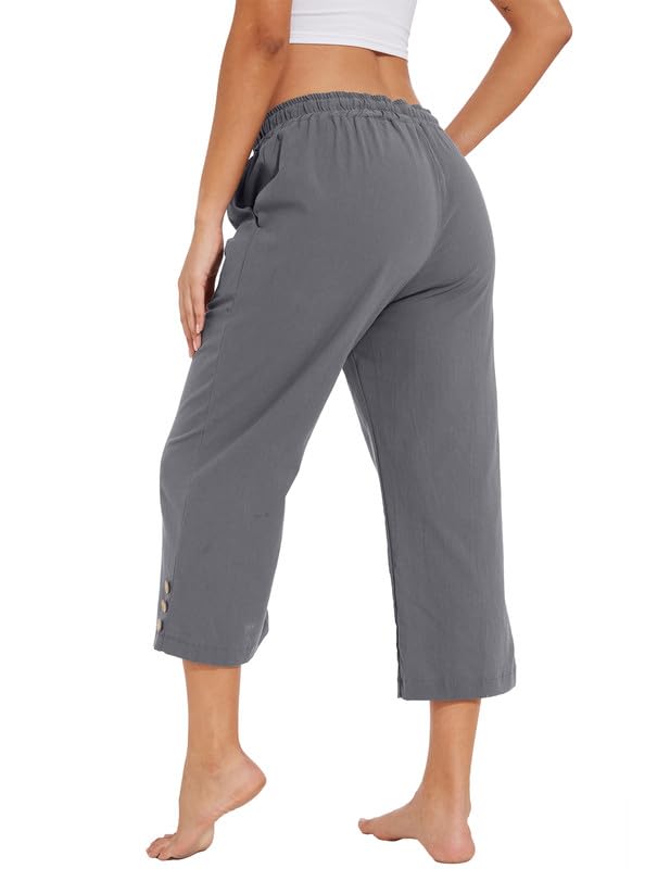 Womens Capris Pants High Waist Drawstring Comfy Casual Pants Casua Lightweight Loose Trousers Buttons Trim with Pockets3