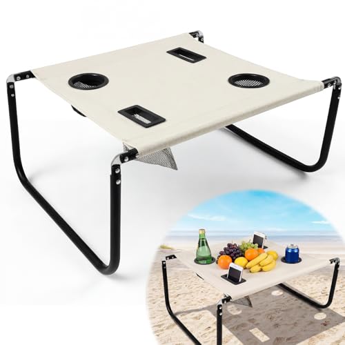 BrightRow Portable Beach Table Foldable Camping Picnic Table with Cup Holder and Phone Pockets Lightweight Stable for Tailgate Travel Fishing Hiking and Outdoor Adventures(White,Solid Pattern)