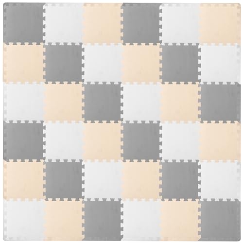 ProSource Foam Puzzle Floor Play Mat for Kids and Babies with Solid Colors, 36 or 16 Interlocking Tiles with Borders, White/Grey/Beige
